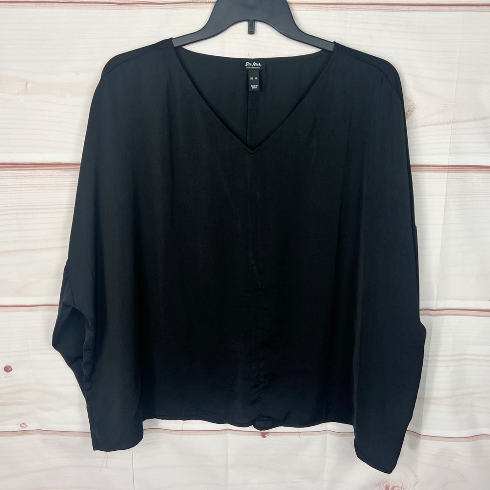 DuJour Top Womens XL Black Satin Blouse V-Neck Drop Shoulder Pullover Solid